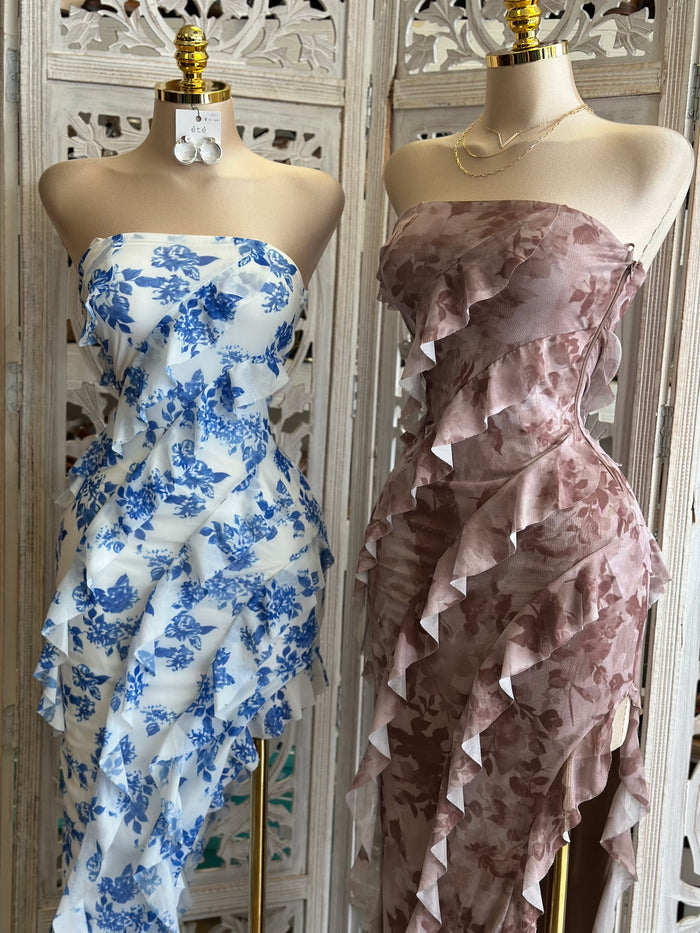 Strapless Ruffle Midi Dress- Stretchy,Estira