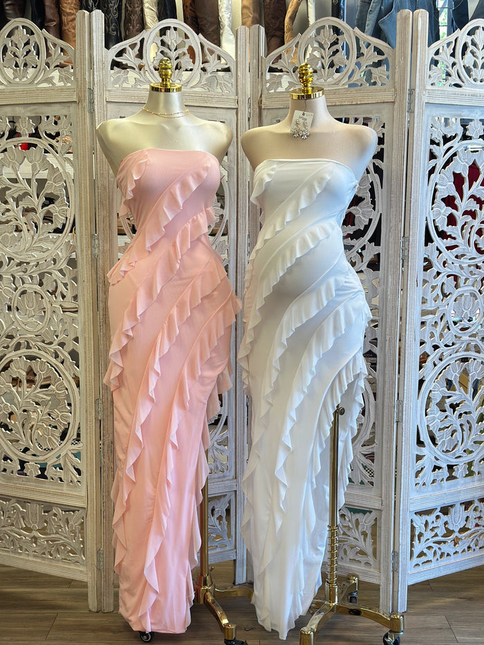 Strapless Ruffle Slit Dress- Estira, Stretchy