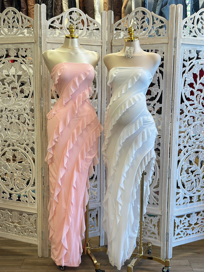 Strapless Ruffle Slit Dress- Estira, Stretchy