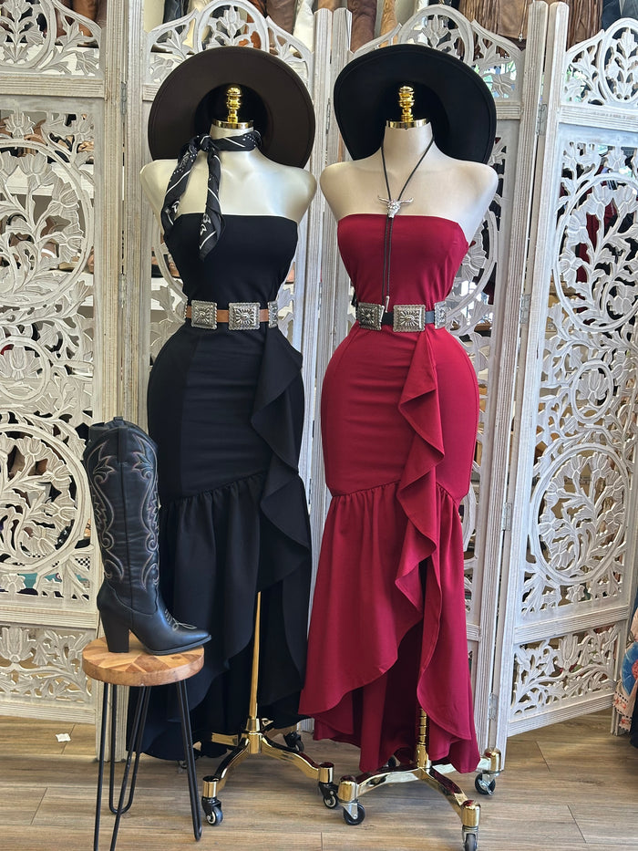 Strapless Ruffled Maxi Dress- Estira, Stretchy