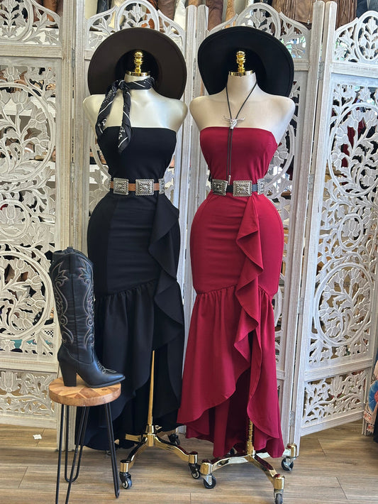 Strapless Ruffled Maxi Dress- Estira, Stretchy