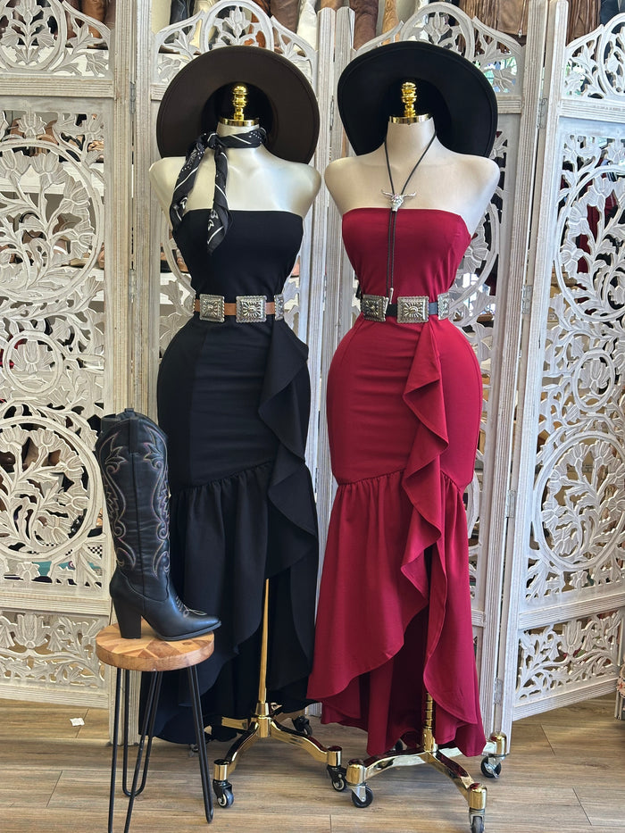 Strapless Ruffled Maxi Dress- Estira, Stretchy