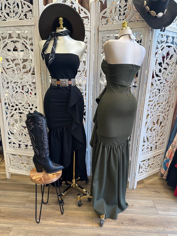 Strapless Ruffled Maxi Dress- Estira, Stretchy