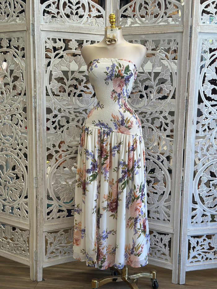 Strapless Smocked Floral Midi Dress - Estira, Stretchy