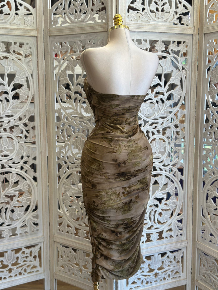 Strapless Taupe Floral Midi Dress- Stretchy , Estira