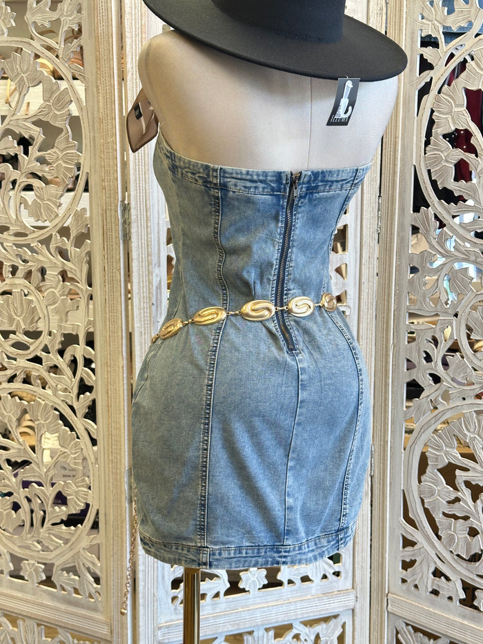 Strapless Tie Up Denim Mini Dress- Slightly Stretchy, Estira Poco