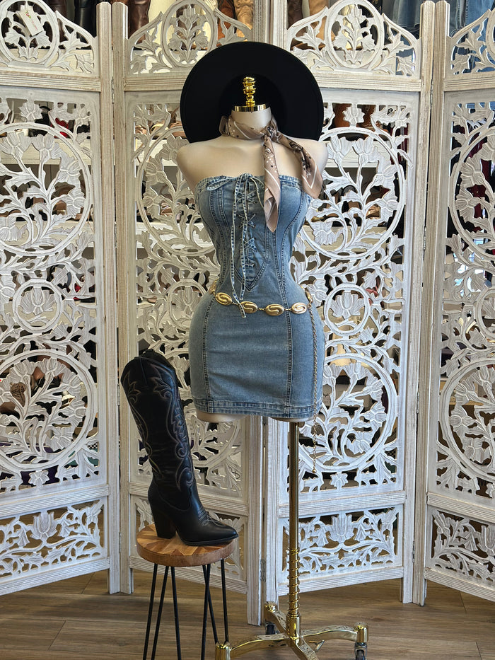 Strapless Tie Up Denim Mini Dress- Slightly Stretchy, Estira Poco
