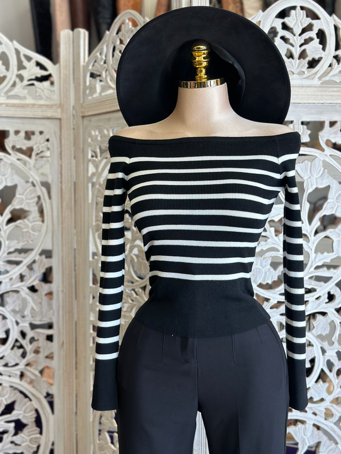 Striped Off Shoulder Sweater Top- Stretchy,Estira