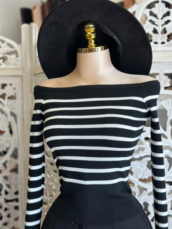 Striped Off Shoulder Sweater Top- Stretchy,Estira