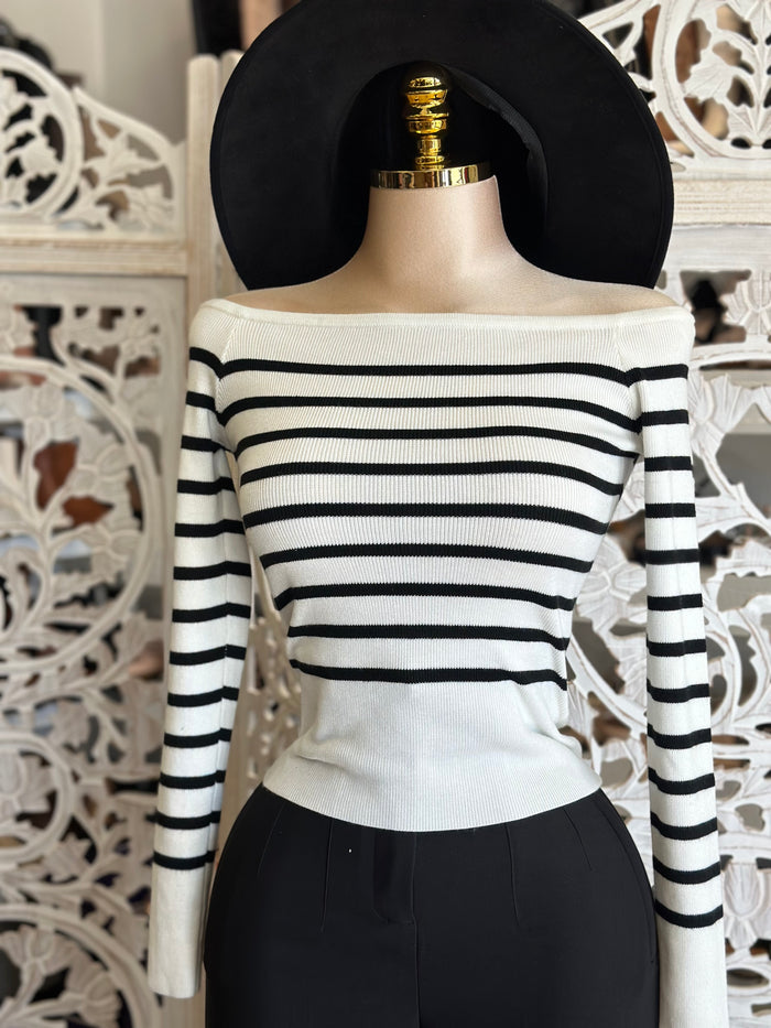 Striped Off Shoulder Sweater Top- Stretchy,Estira