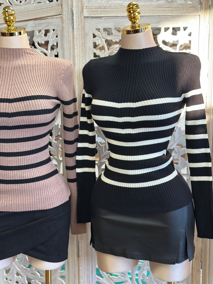 Striped Ribbed Asymmetrical Blouse- Estira, Stretchy