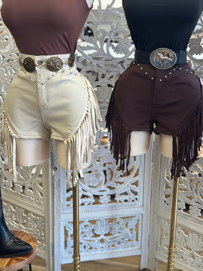 Studded Fringe Denim Shorts - Stretchy, Estira
