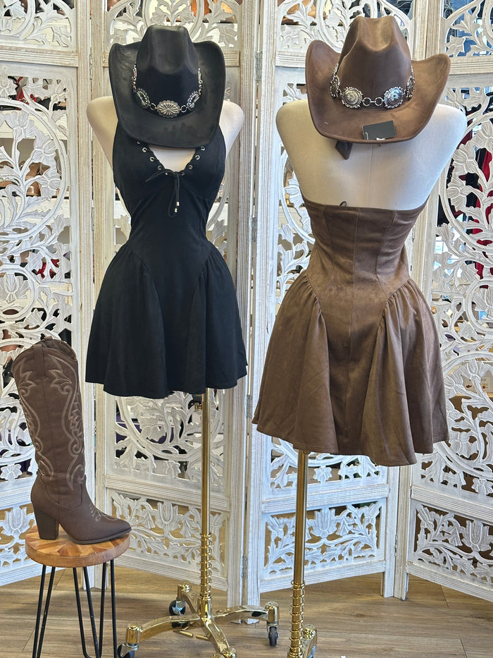 Studded Suede Mini Dress - Estira, Stretchy