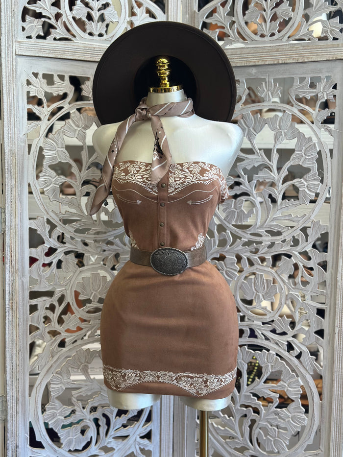Suede Brown Embroidered  Mini Dress - Estira Poco, Slightly Stretchy
