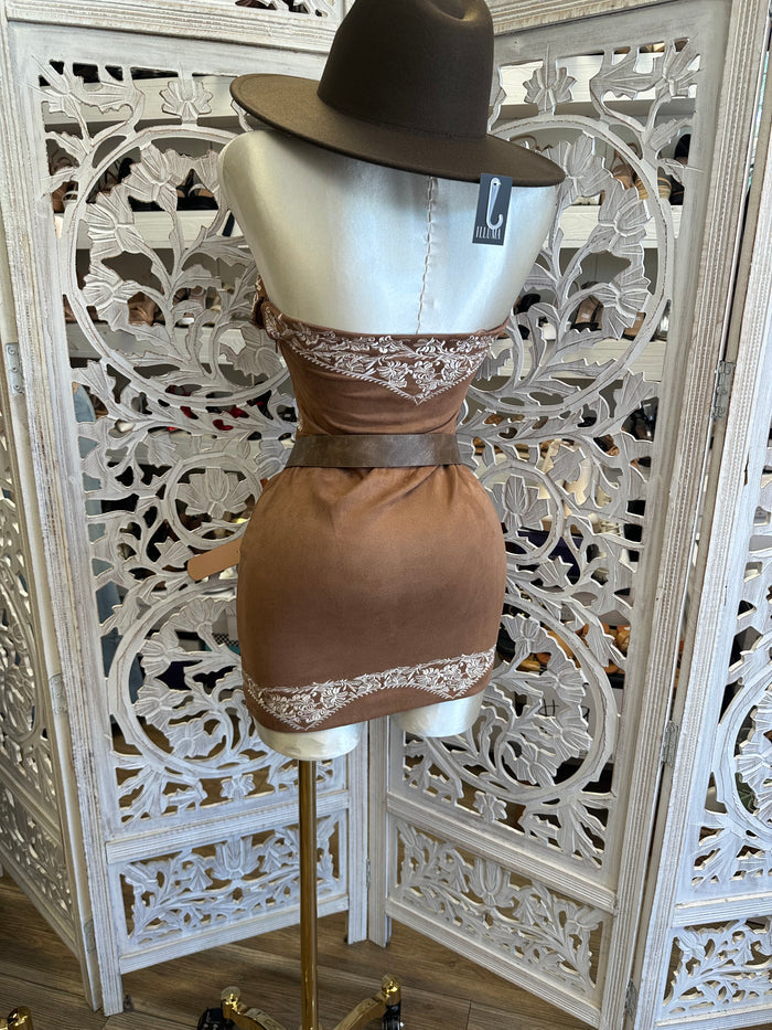 Suede Brown Embroidered  Mini Dress - Estira Poco, Slightly Stretchy