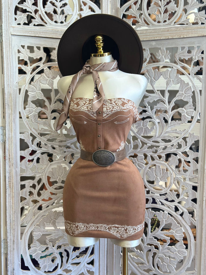 Suede Brown Embroidered  Mini Dress - Estira Poco, Slightly Stretchy