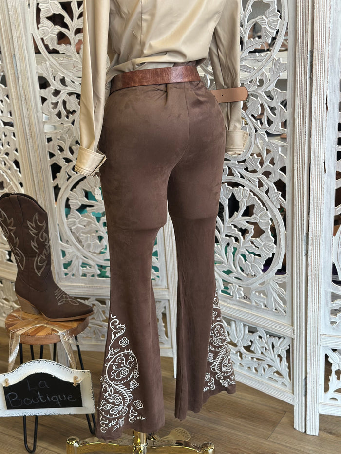 Suede Embroidered Flare Pants-Stretchy