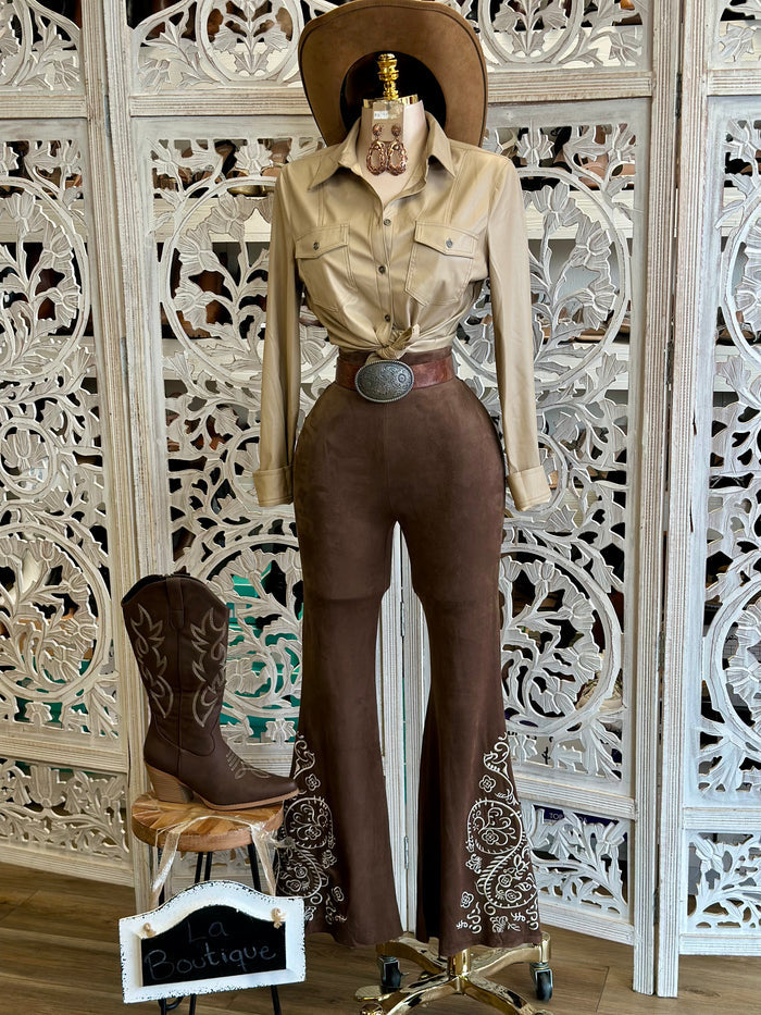 Suede Embroidered Flare Pants-Stretchy