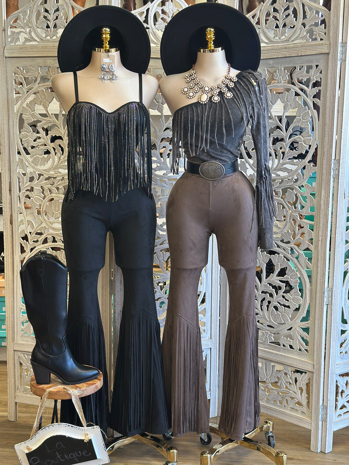 Suede Fringe Bell Bottom Western Pants - Estira, Stretchy