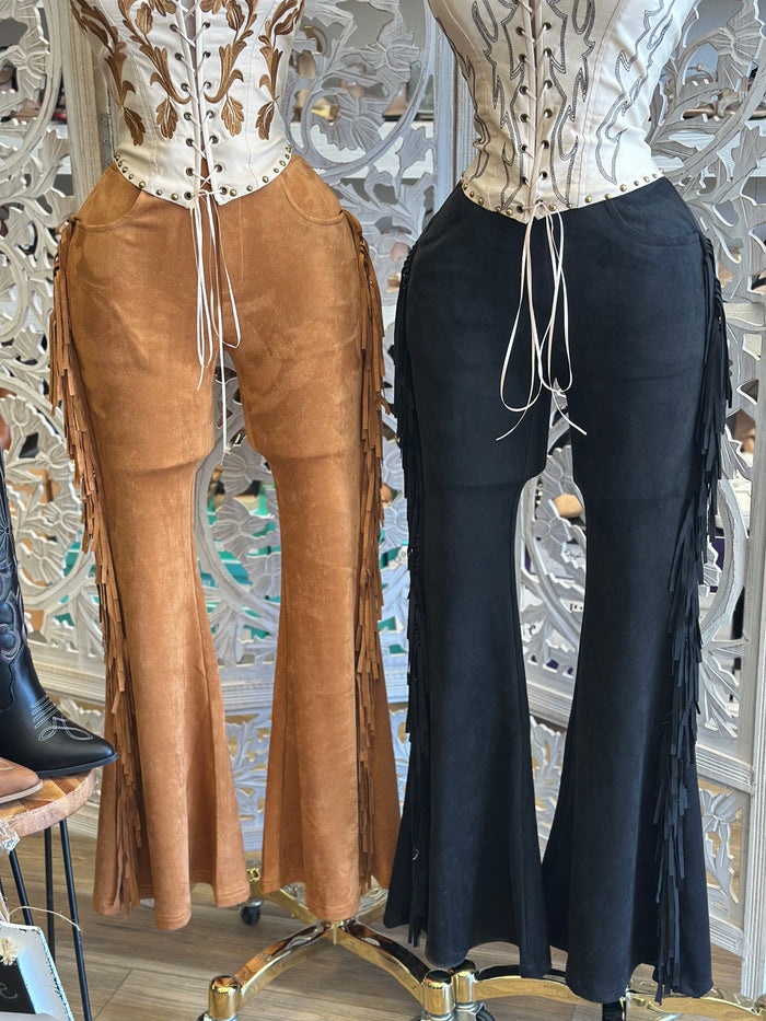 Suede Fringe Flare Pants - Estira, Stretchy