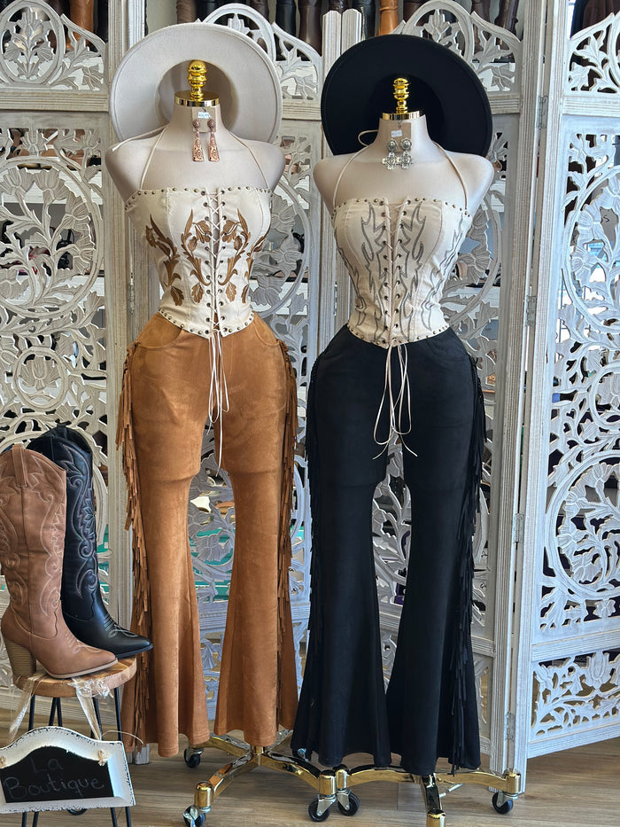 Suede Fringe Flare Pants - Estira, Stretchy