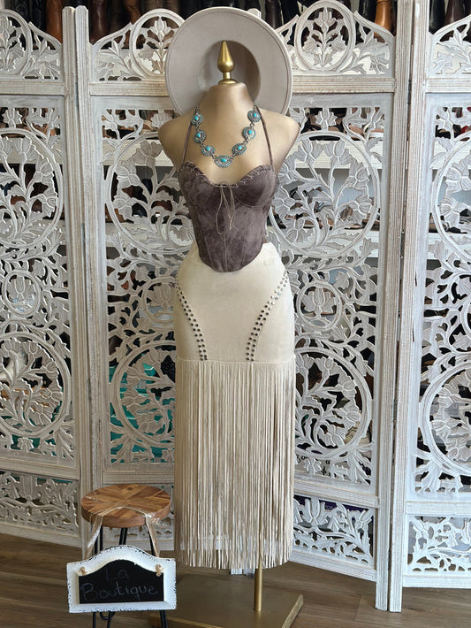 Suede Fringe Midi Skirt-Estira, Stretchy