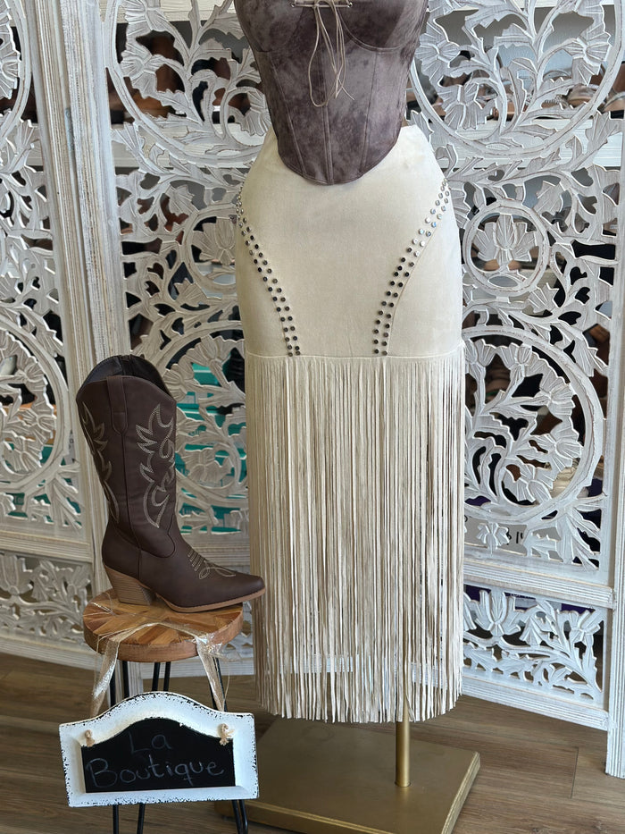 Suede Fringe Midi Skirt-Estira, Stretchy