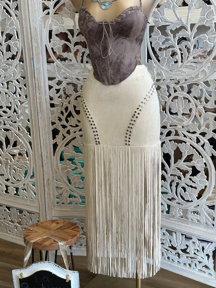 Suede Fringe Midi Skirt-Estira, Stretchy