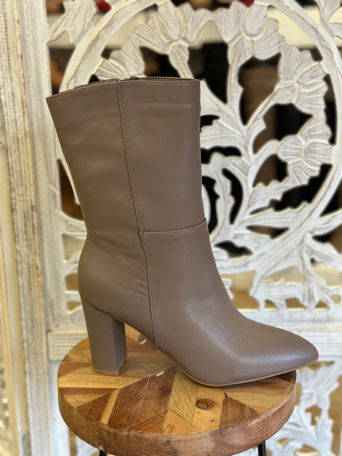 Taupe Faux Leather Heeled Mini Boots