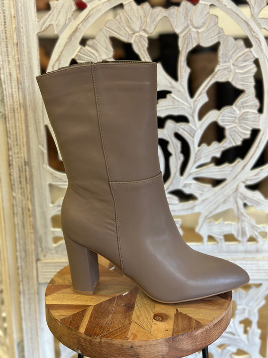 Taupe Faux Leather Heeled Mini Boots