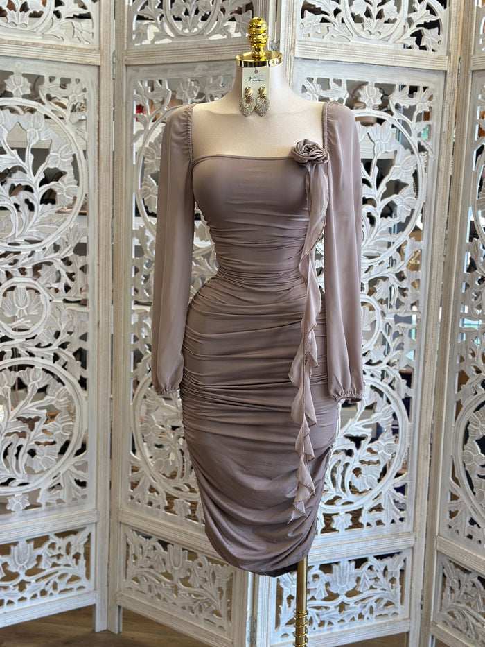 Taupe Floral Detail Midi Dress- super Stretchy ,