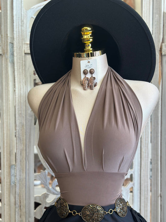 Taupe Open Back Mini Blouse - Estira, Stretchy
