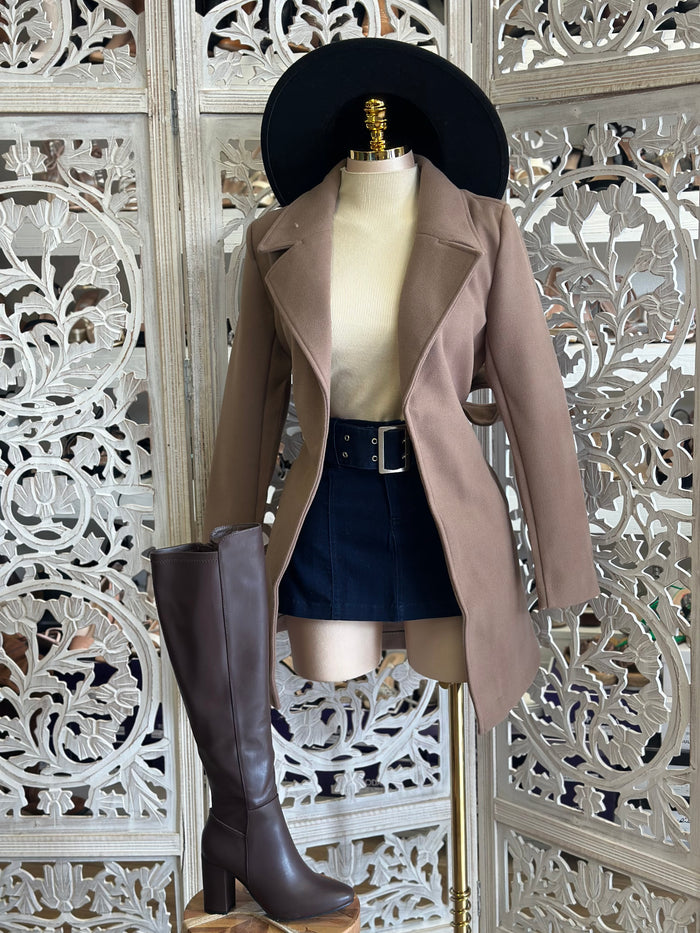 Taupe Solid Blazer Coat- Stretchy, Estira