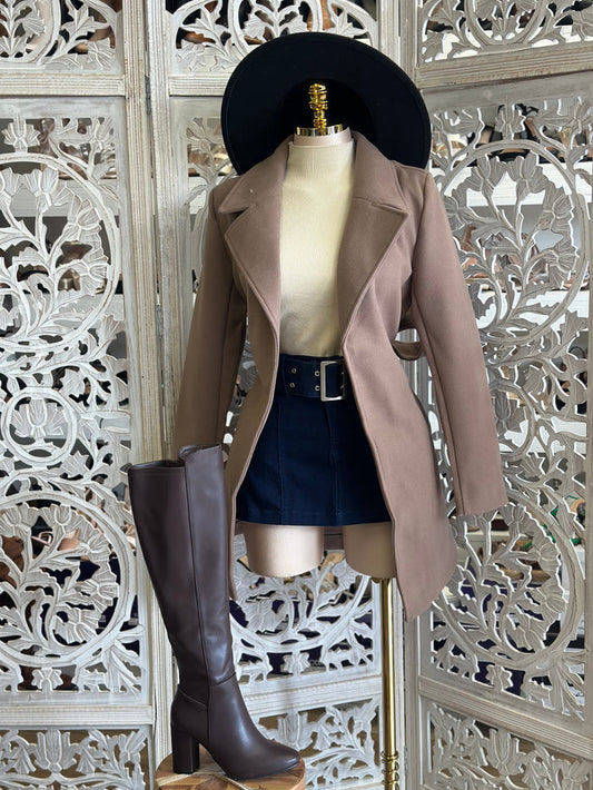 Taupe Solid Blazer Coat- Stretchy, Estira