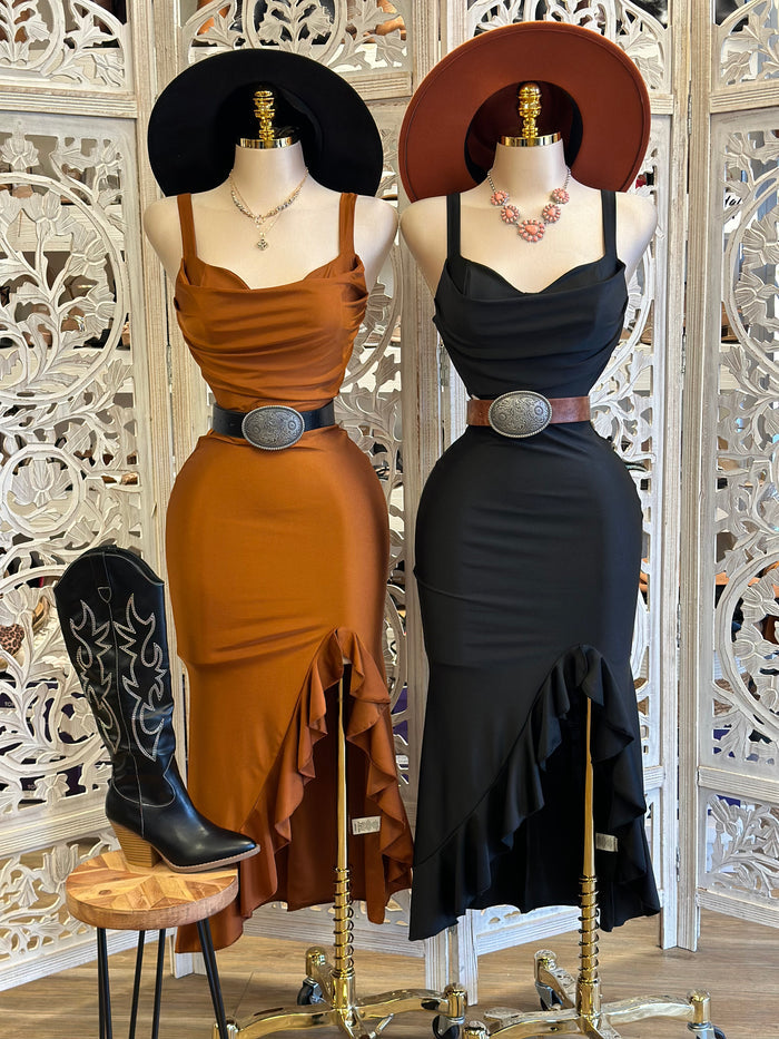 Thick Strap Heart Line Ruffle Dress - Estira, Stretchy