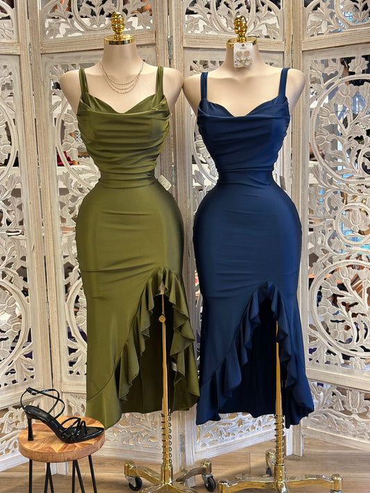 Thick Strap Heart Line Ruffle Dress - Estira, Stretchy