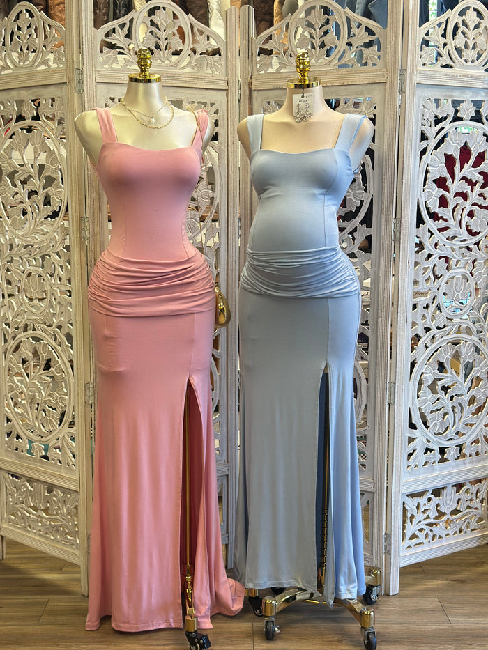 Thick Strap Maxi Slit Dress- Estira, Stretchy