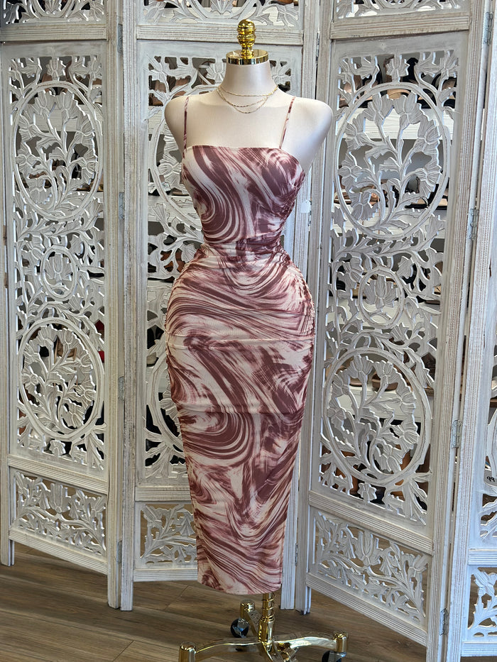 Thin Strap Tie Dye Pattern Midi Dress- Stretchy,Estira