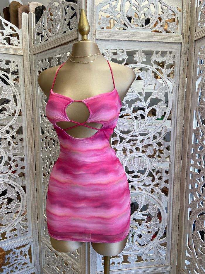 Tie Dye Hot Pink Cutout Mini Dress