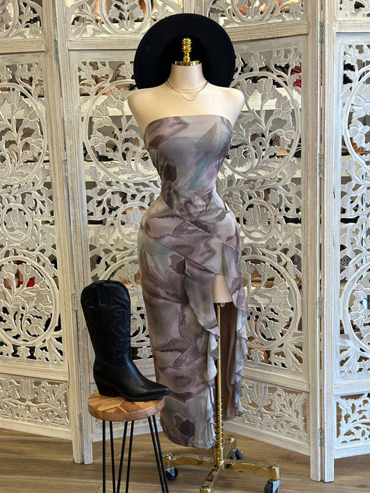 Tie Dye Ruffle Slit Strapless Dress - Estira, Stretchy