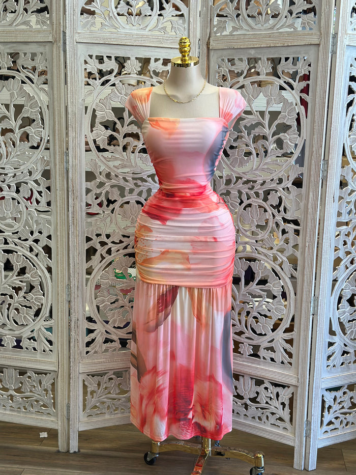 Tie Dye Square Neck Midi Dress -Stretchy, Estira