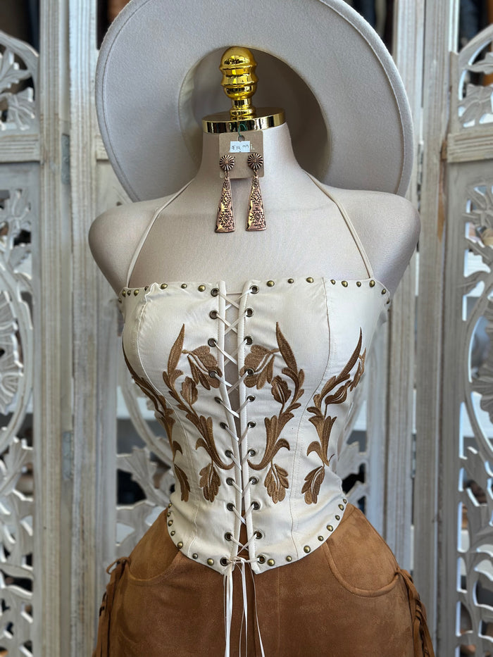 Tie Up Embroidered Western Corset- Estira, Stretchy