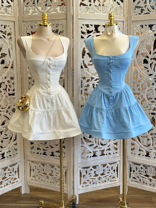 Tiered Button Up Mini Dress- Estira, Stretchy