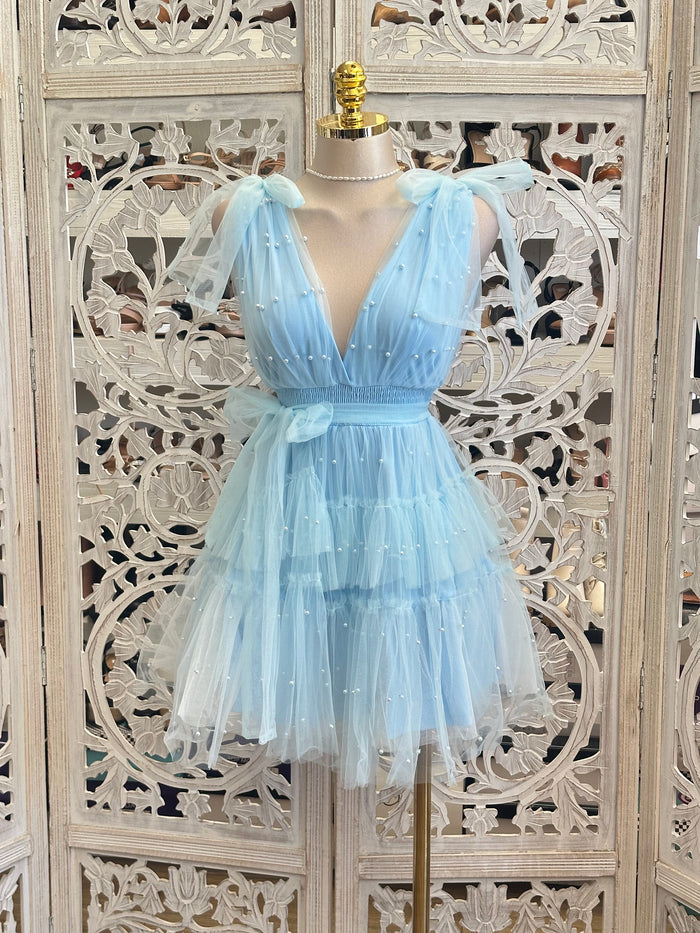 Tulle Blue Pearl Mini Dress - Estira, Stretchy