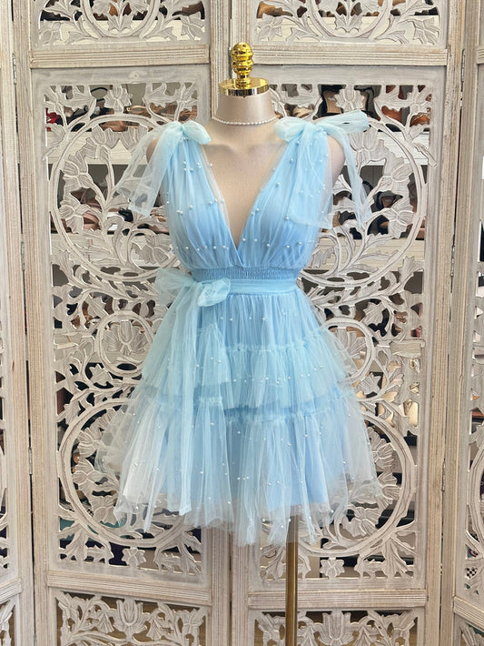 Tulle Blue Pearl Mini Dress - Estira, Stretchy