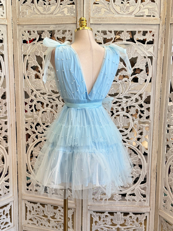 Tulle Blue Pearl Mini Dress - Estira, Stretchy