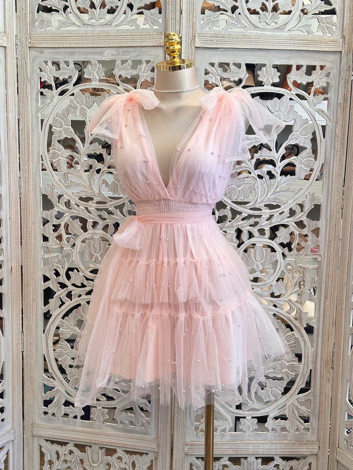Tulle Soft Pink Pearl Mini Dress - Estira, Stretchy
