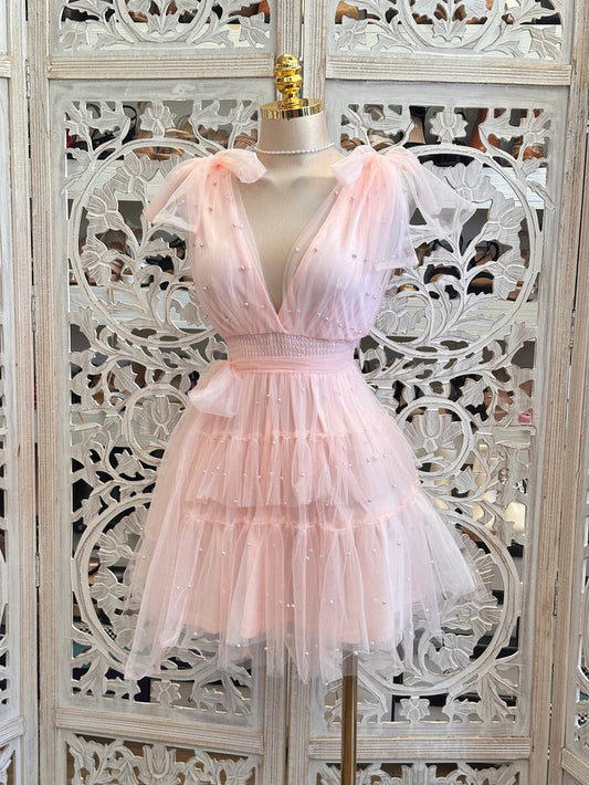 Tulle Soft Pink Pearl Mini Dress - Estira, Stretchy