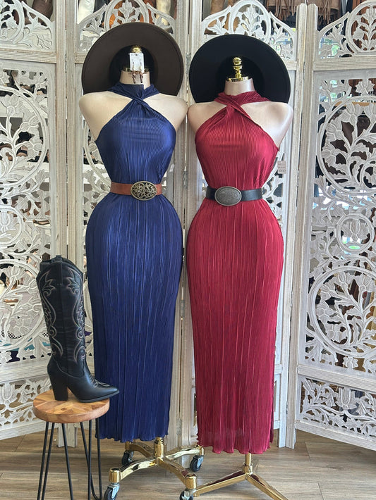 Twisted Pleated Midi Dress- Stretchy, Estira