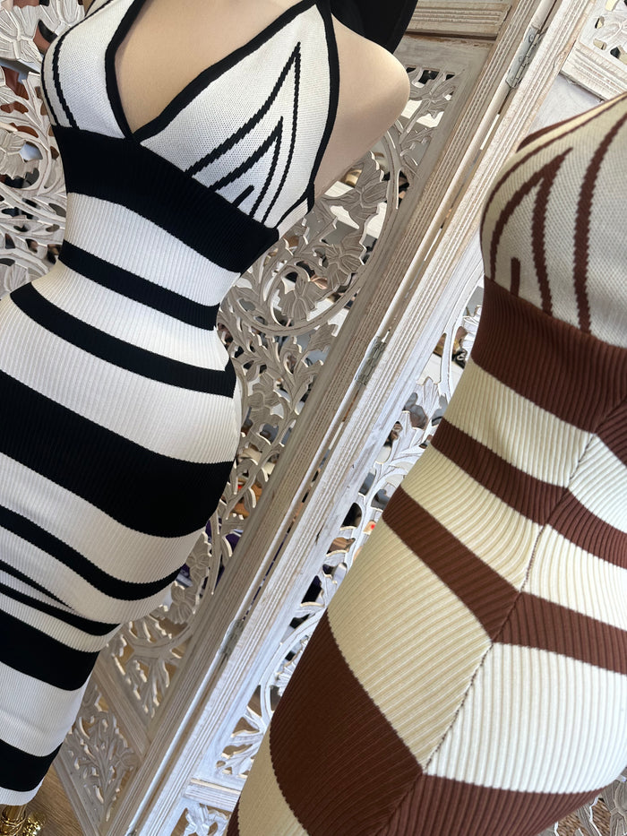 V Striped Ribbed Sweater Mock Neck Dress- Stretchy